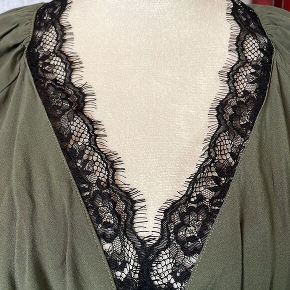 Express Army Green Faux Wrap Top Dress With Elastic Waist & Lace (Size: S) - Picture 3 of 14